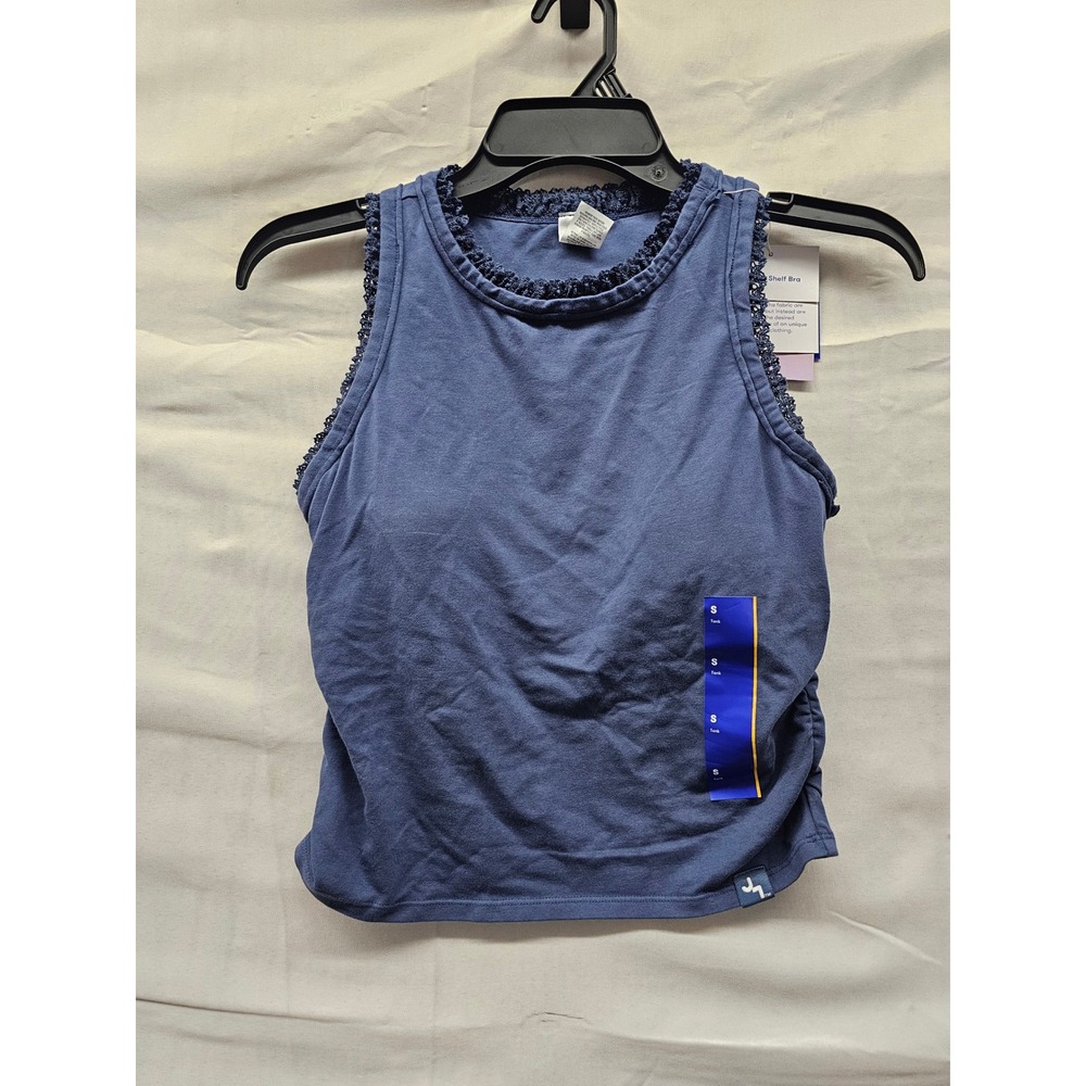 JoyLab Womens Crochet Trim Shelf Bra Tank Blue Cotton Blend Athletic Size Small